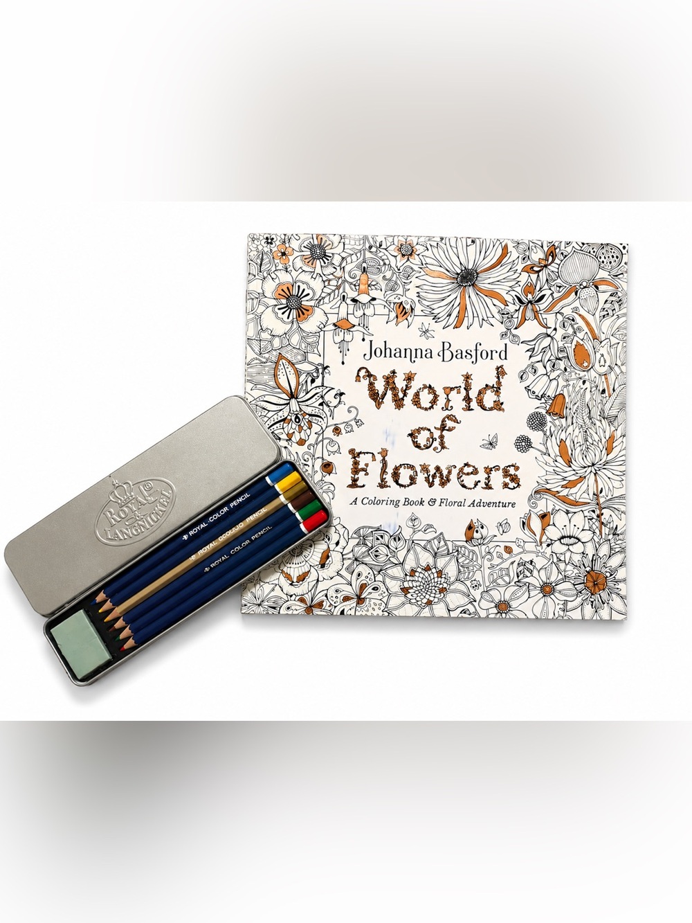 NWOT Johanna Basford World of Flowers Coloring Book +Royal Langnickel Pencil Set
